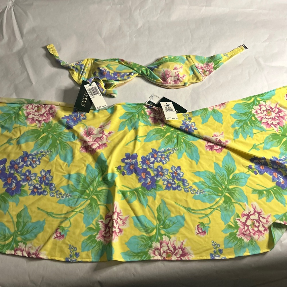 Lauren Ralph Lauren Womens Yellow Floral Halter Bikini Swimsuit Set Size 14